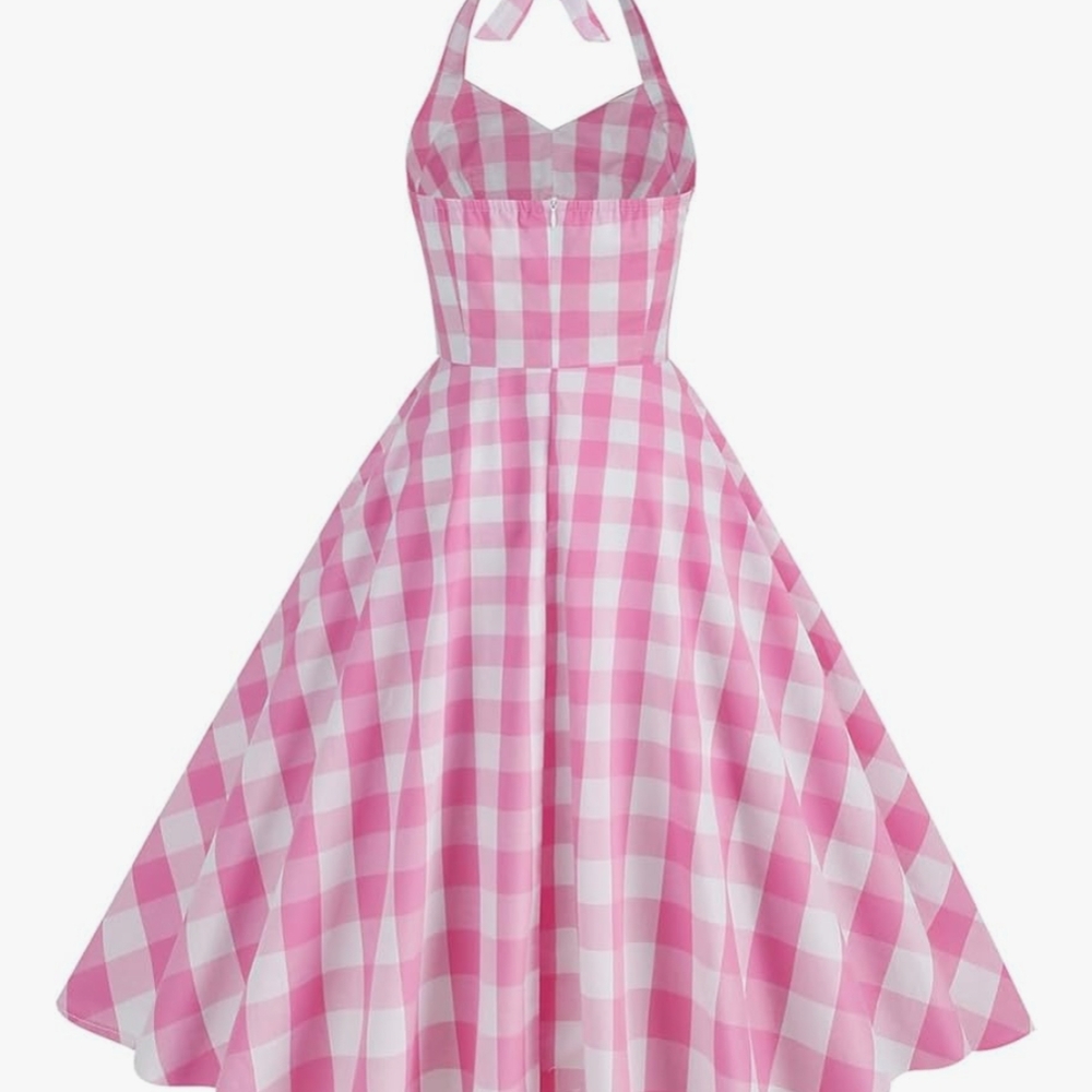 Elegant Pink Checkered Strapless Dress - Picture 2 of 4